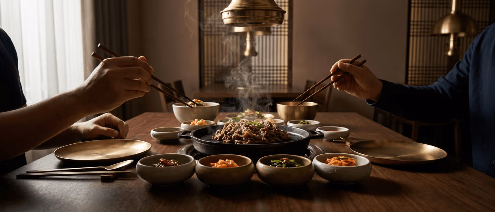 A cinematic Korean dining table set in a refined Gulf interior